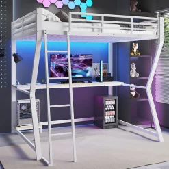 Okwish Lit mezzanine 140x200 cm déco avec bureau intégré, prises USB et LED, escalier sécurisé, métal+MDF blanc, sans matelas