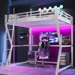 Okwish Lit mezzanine 140x200 cm déco avec bureau intégré, prises USB et LED, escalier sécurisé, métal+MDF blanc, sans matelas
