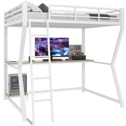 Okwish Lit mezzanine 140x200 cm déco avec bureau intégré, prises USB et LED, escalier sécurisé, métal+MDF blanc, sans matelas