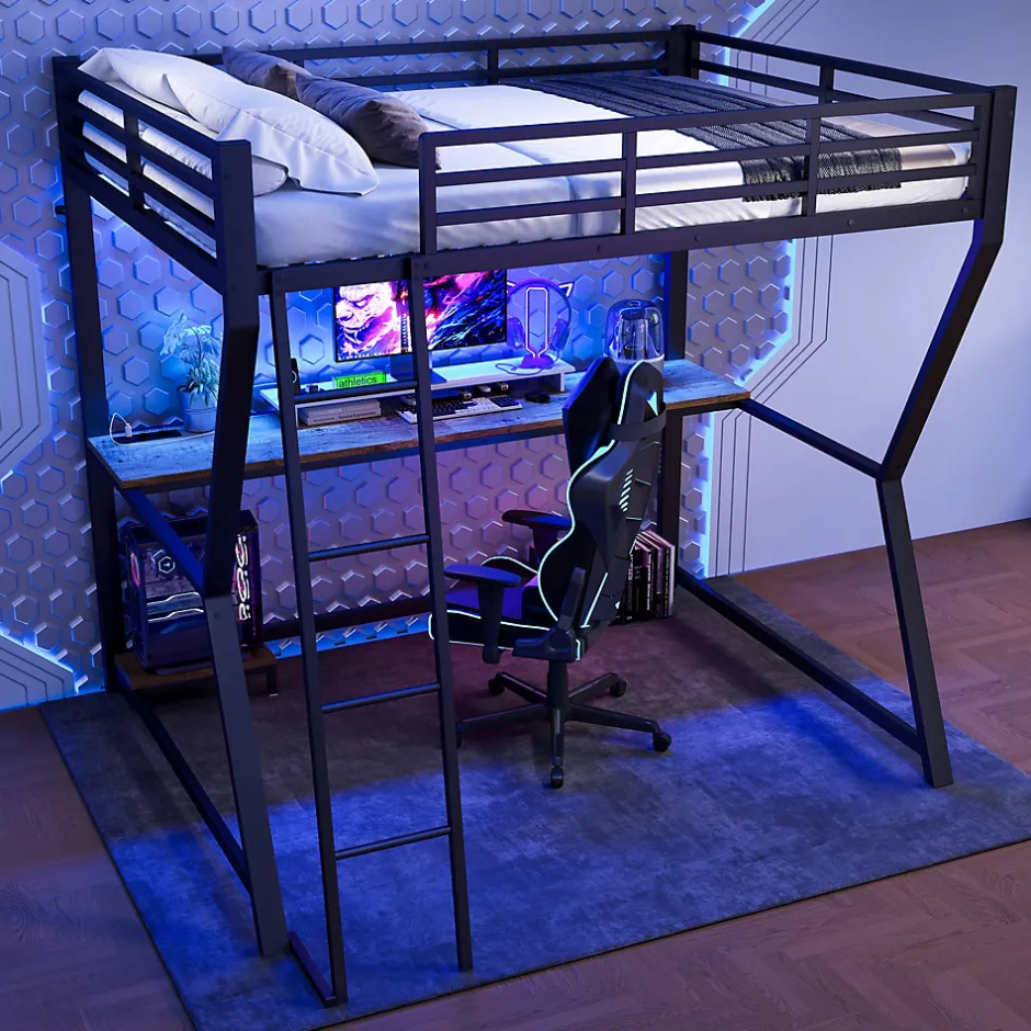 Okwish Lit mezzanine 140x200 cm déco avec bureau intégré, prises USB et LED, escalier sécurisé, métal+MDF noir, sans matelas