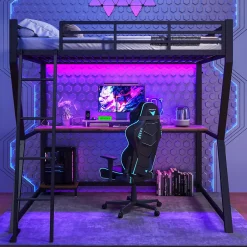 Okwish Lit mezzanine 140x200 cm déco avec bureau intégré, prises USB et LED, escalier sécurisé, métal+MDF noir, sans matelas
