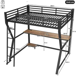 Okwish Lit mezzanine 140x200 cm déco avec bureau intégré, prises USB et LED, escalier sécurisé, métal+MDF noir, sans matelas