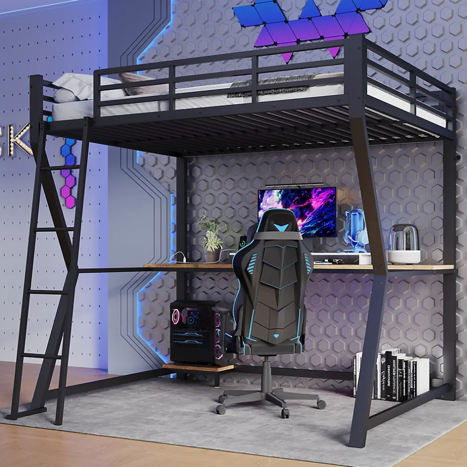 Okwish Lit mezzanine 140x200 cm déco avec bureau intégré, prises USB et LED, escalier sécurisé, métal+MDF noir, sans matelas