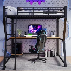 Okwish Lit mezzanine 140x200 cm déco avec bureau intégré, prises USB et LED, escalier sécurisé, métal+MDF noir, sans matelas