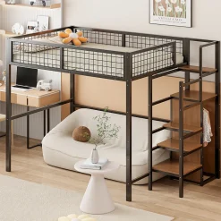 Okwish Lit mezzanine 140x200 cm double avec rangement et échelle de sécurité, structure métal et MDF noir, montage inclus, sans matelas