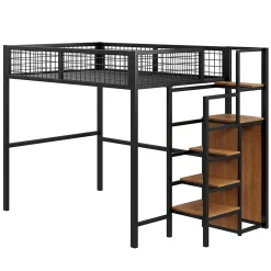 Okwish Lit mezzanine 140x200 cm double avec rangement et échelle de sécurité, structure métal et MDF noir, montage inclus, sans matelas