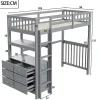 Aapaas Lit mezzanine 90x200 cm en bois de pin gris avec échelle verticale tiroirs étagères et sommier à lattes