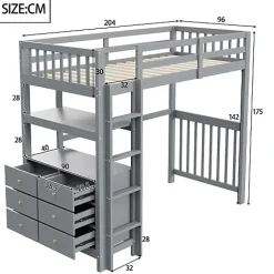 Aapaas Lit mezzanine 90x200 cm en bois de pin gris avec échelle verticale tiroirs étagères et sommier à lattes