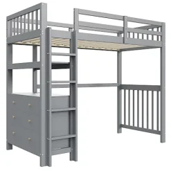Aapaas Lit mezzanine 90x200 cm en bois de pin gris avec échelle verticale tiroirs étagères et sommier à lattes