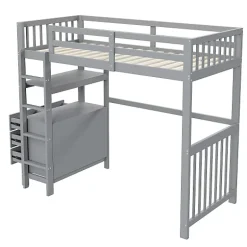 Aapaas Lit mezzanine 90x200 cm en bois de pin gris avec échelle verticale tiroirs étagères et sommier à lattes