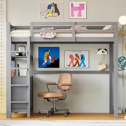 Aapaas Lit mezzanine 90x200 cm en bois de pin gris avec échelle verticale tiroirs étagères et sommier à lattes