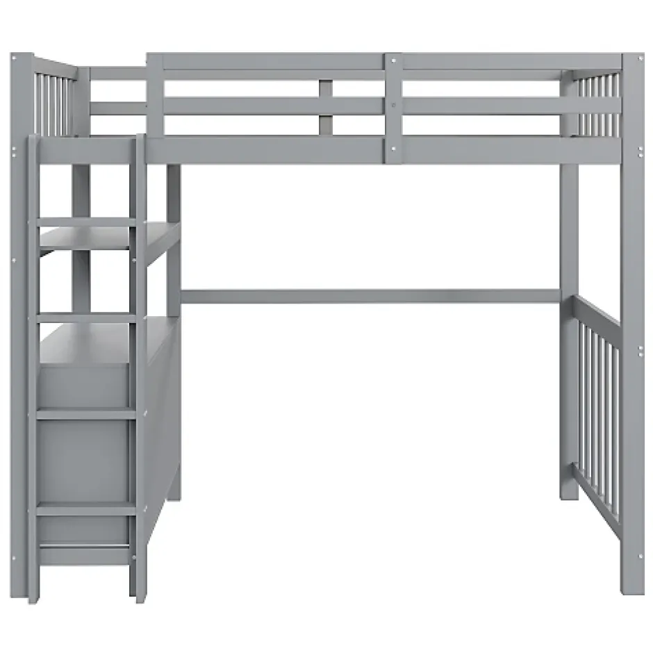 Aapaas Lit mezzanine 90x200 cm en bois de pin gris avec échelle verticale tiroirs étagères et sommier à lattes