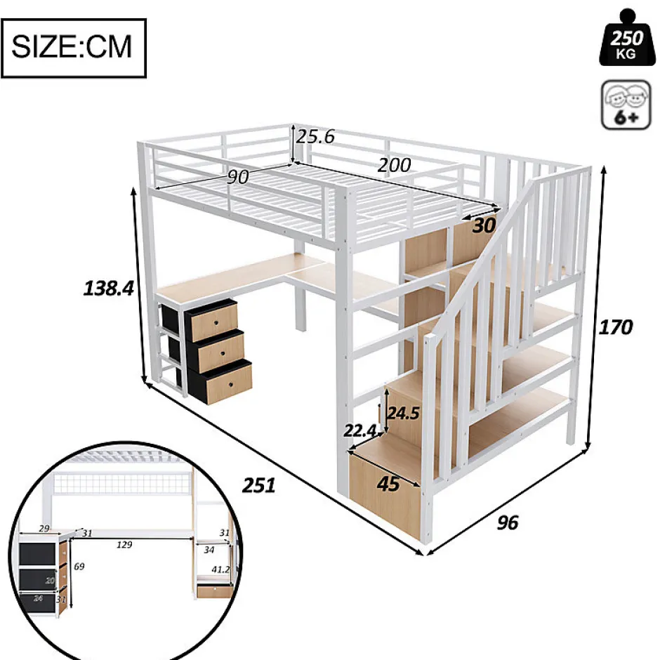 ModernLuxe Lit mezzanine 90x200 cm en fer - Compartiments de rangement - 4 tiroirs - LED - Bureau et escalier - Blanc (sans matelas) New