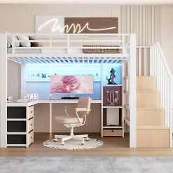 ModernLuxe Lit mezzanine 90x200 cm en fer - Compartiments de rangement - 4 tiroirs - LED - Bureau et escalier - Blanc (sans matelas) New