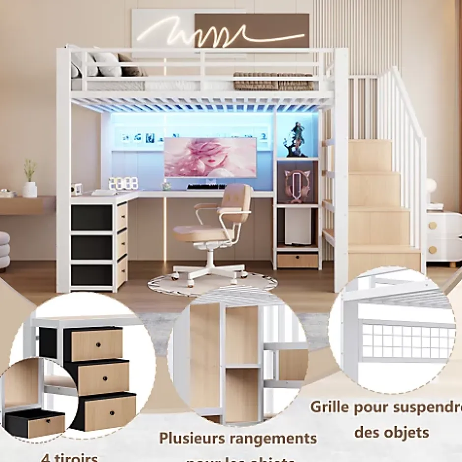 ModernLuxe Lit mezzanine 90x200 cm en fer - Compartiments de rangement - 4 tiroirs - LED - Bureau et escalier - Blanc (sans matelas) New