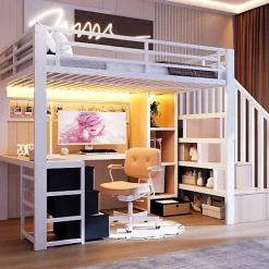 ModernLuxe Lit mezzanine 90x200 cm en fer - Compartiments de rangement - 4 tiroirs - LED - Bureau et escalier - Blanc (sans matelas) New