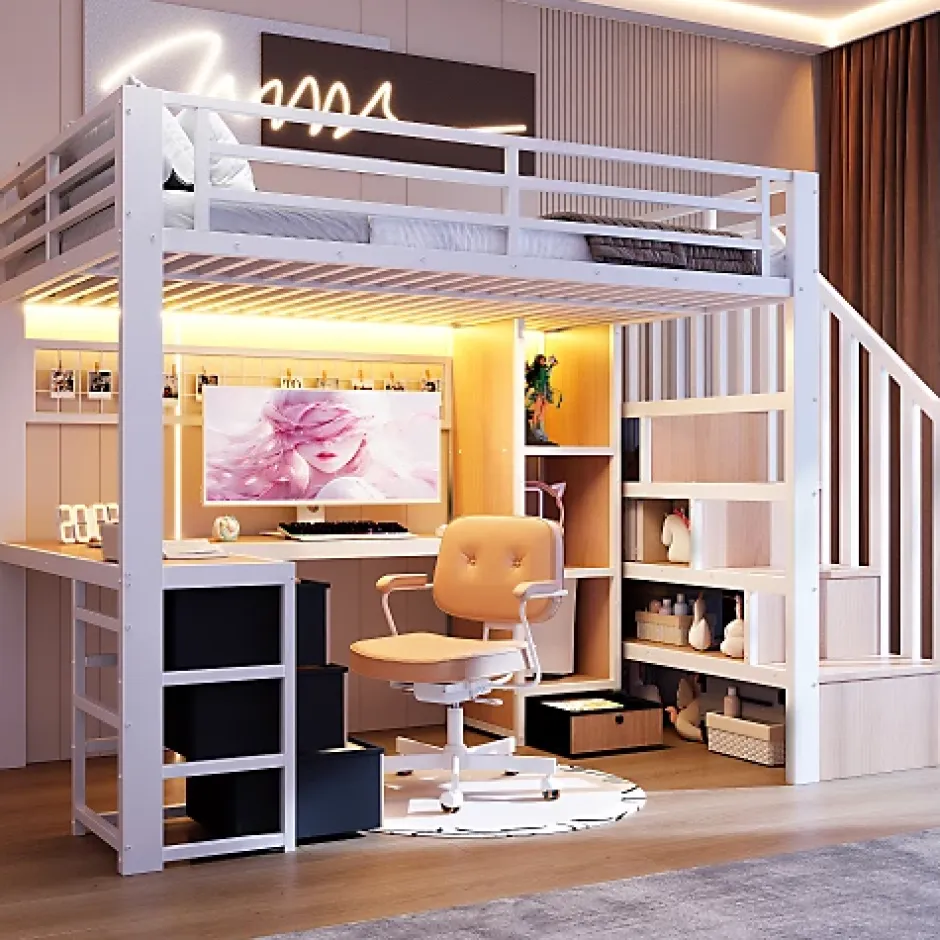 ModernLuxe Lit mezzanine 90x200 cm en fer - Compartiments de rangement - 4 tiroirs - LED - Bureau et escalier - Blanc (sans matelas) New