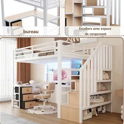 ModernLuxe Lit mezzanine 90x200 cm en fer - Compartiments de rangement - 4 tiroirs - LED - Bureau et escalier - Blanc (sans matelas) New