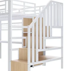 ModernLuxe Lit mezzanine 90x200 cm en fer - Compartiments de rangement - 4 tiroirs - LED - Bureau et escalier - Blanc (sans matelas) New