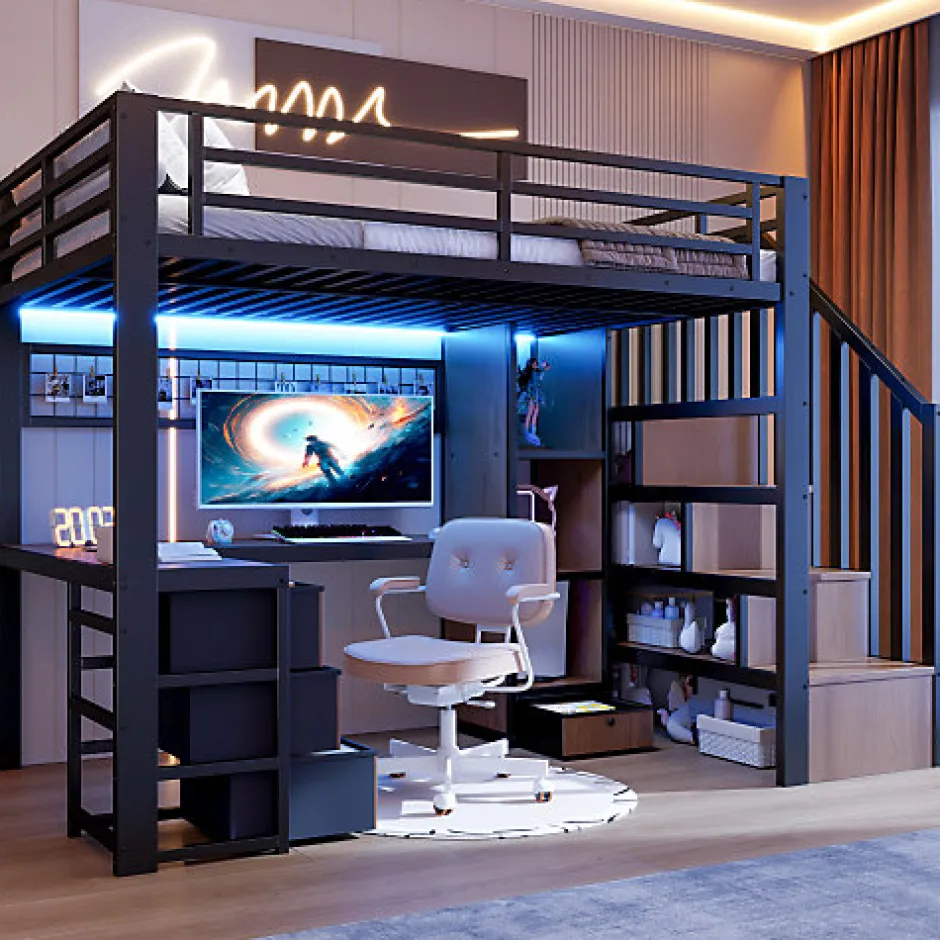 ModernLuxe Lit mezzanine 90x200 cm en fer - Compartiments de rangement - 4 tiroirs - LED - Bureau et escalier - Noir (sans matelas)