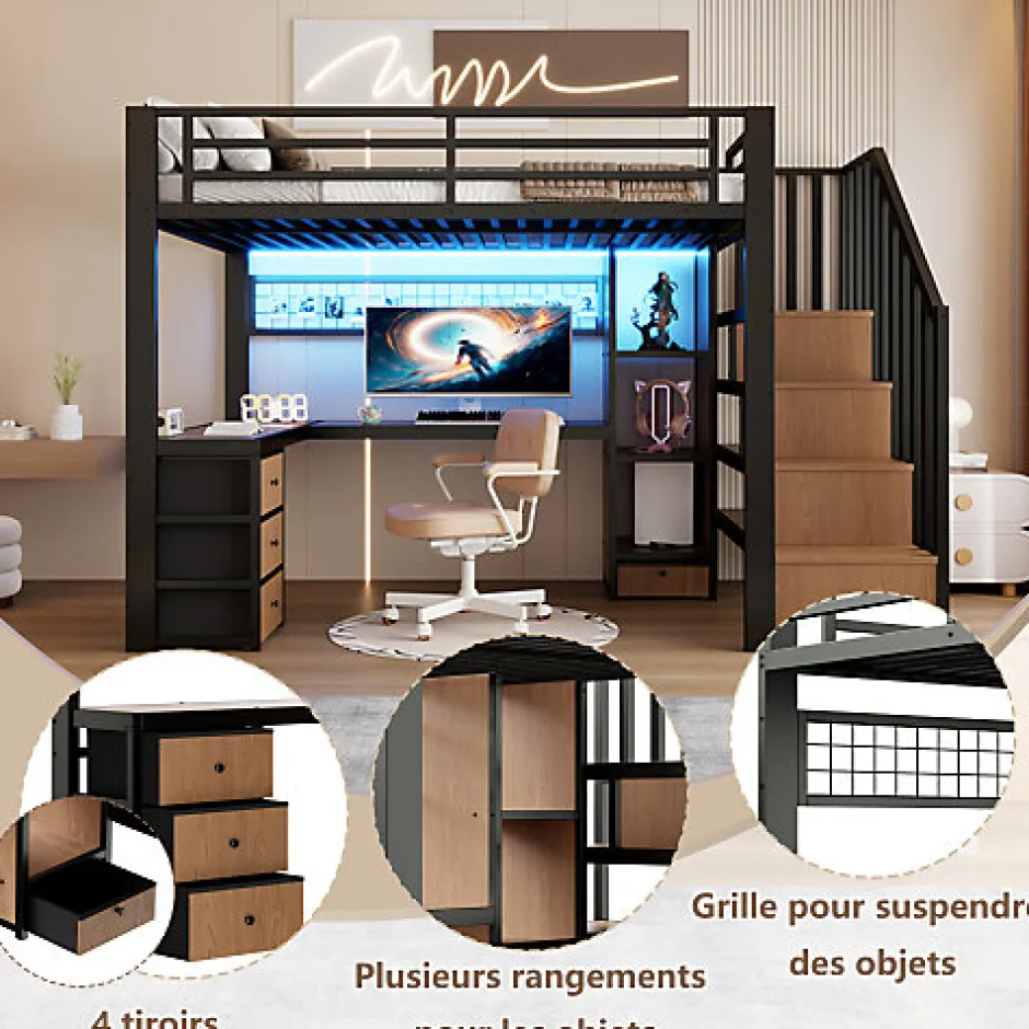 ModernLuxe Lit mezzanine 90x200 cm en fer - Compartiments de rangement - 4 tiroirs - LED - Bureau et escalier - Noir (sans matelas)