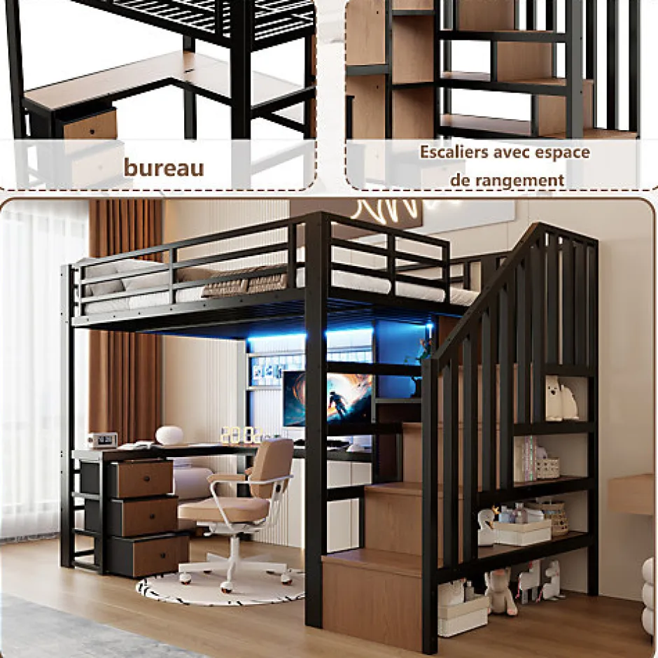 ModernLuxe Lit mezzanine 90x200 cm en fer - Compartiments de rangement - 4 tiroirs - LED - Bureau et escalier - Noir (sans matelas)