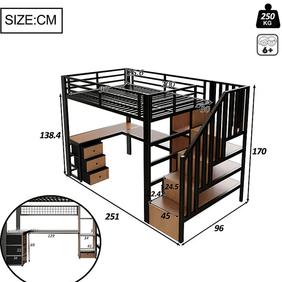 ModernLuxe Lit mezzanine 90x200 cm en fer - Compartiments de rangement - 4 tiroirs - LED - Bureau et escalier - Noir (sans matelas)