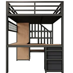ModernLuxe Lit mezzanine 90x200 cm en fer - Compartiments de rangement - 4 tiroirs - LED - Bureau et escalier - Noir (sans matelas)
