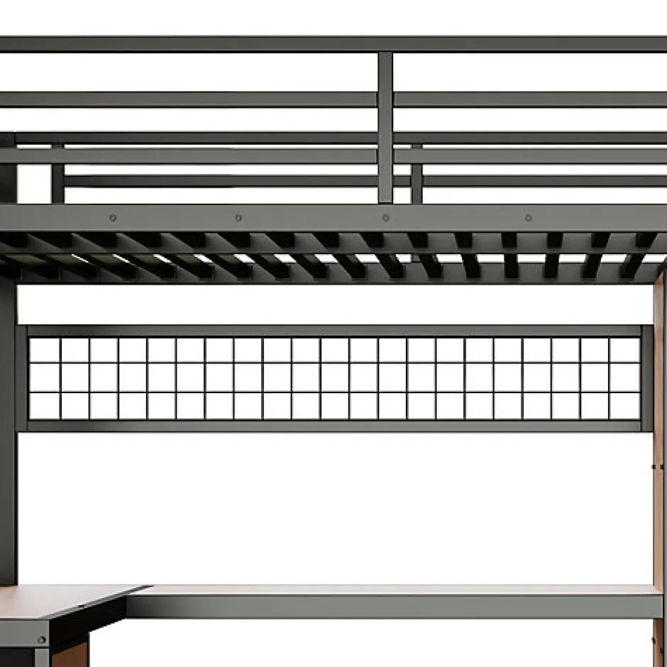 ModernLuxe Lit mezzanine 90x200 cm en fer - Compartiments de rangement - 4 tiroirs - LED - Bureau et escalier - Noir (sans matelas)