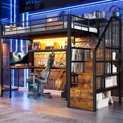 ModernLuxe Lit mezzanine 90x200 cm en fer - 2 tiroirs - Tringle à vêtements - Éclairage LED - Bureau - Noir (matelas non inclus)