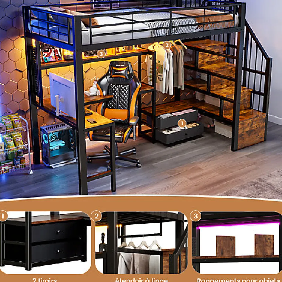 ModernLuxe Lit mezzanine 90x200 cm en fer - 2 tiroirs - Tringle à vêtements - Éclairage LED - Bureau - Noir (matelas non inclus)