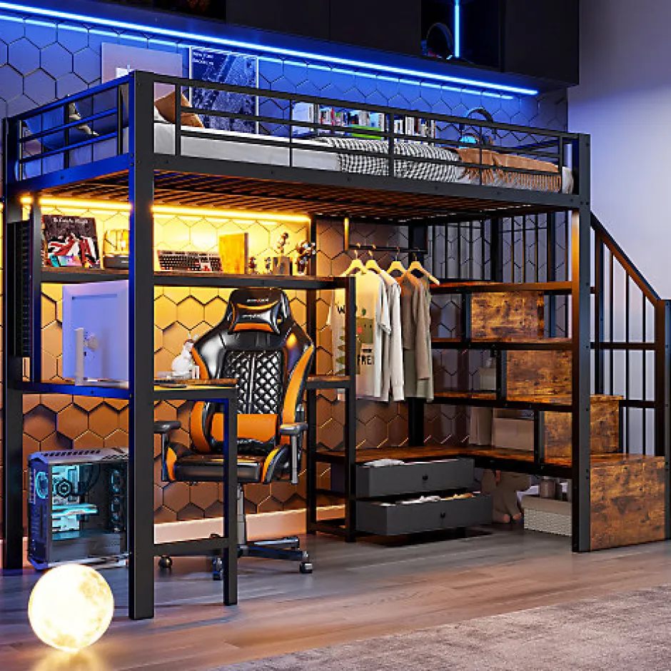 ModernLuxe Lit mezzanine 90x200 cm en fer - 2 tiroirs - Tringle à vêtements - Éclairage LED - Bureau - Noir (matelas non inclus)