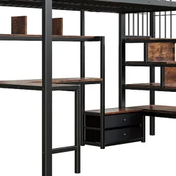 ModernLuxe Lit mezzanine 90x200 cm en fer - 2 tiroirs - Tringle à vêtements - Éclairage LED - Bureau - Noir (matelas non inclus)
