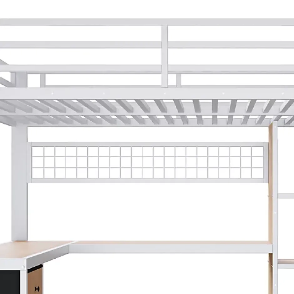 ModernLuxe Lit mezzanine 140x200 cm en fer - Compartiments de rangement - 4 tiroirs - LED - Bureau et escalier - Blanc (sans matelas) Sale