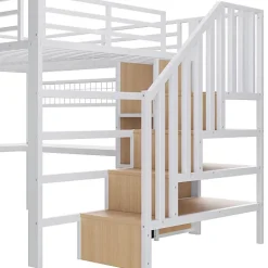 ModernLuxe Lit mezzanine 140x200 cm en fer - Compartiments de rangement - 4 tiroirs - LED - Bureau et escalier - Blanc (sans matelas) Sale
