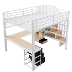 ModernLuxe Lit mezzanine 140x200 cm en fer - Compartiments de rangement - 4 tiroirs - LED - Bureau et escalier - Blanc (sans matelas) Sale
