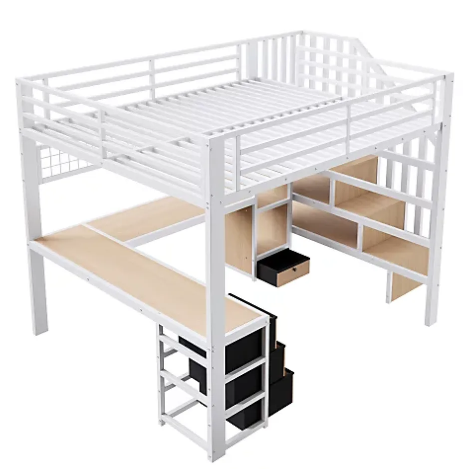 ModernLuxe Lit mezzanine 140x200 cm en fer - Compartiments de rangement - 4 tiroirs - LED - Bureau et escalier - Blanc (sans matelas) Sale