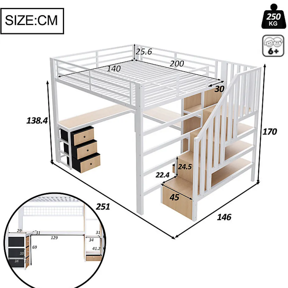 ModernLuxe Lit mezzanine 140x200 cm en fer - Compartiments de rangement - 4 tiroirs - LED - Bureau et escalier - Blanc (sans matelas) Sale