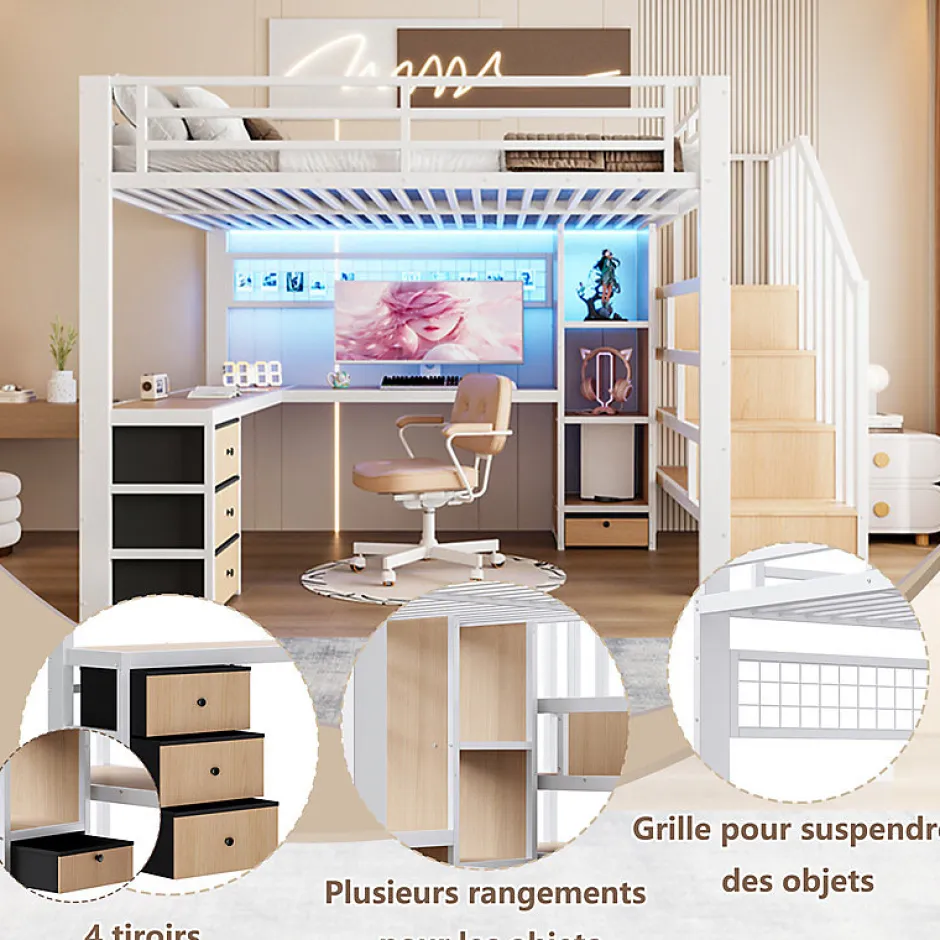 ModernLuxe Lit mezzanine 140x200 cm en fer - Compartiments de rangement - 4 tiroirs - LED - Bureau et escalier - Blanc (sans matelas) Sale