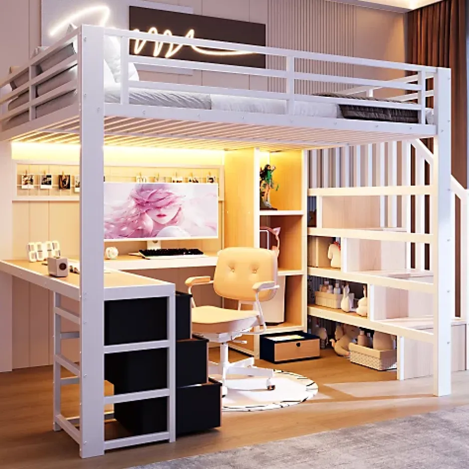ModernLuxe Lit mezzanine 140x200 cm en fer - Compartiments de rangement - 4 tiroirs - LED - Bureau et escalier - Blanc (sans matelas) Sale