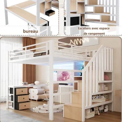 ModernLuxe Lit mezzanine 140x200 cm en fer - Compartiments de rangement - 4 tiroirs - LED - Bureau et escalier - Blanc (sans matelas) Sale