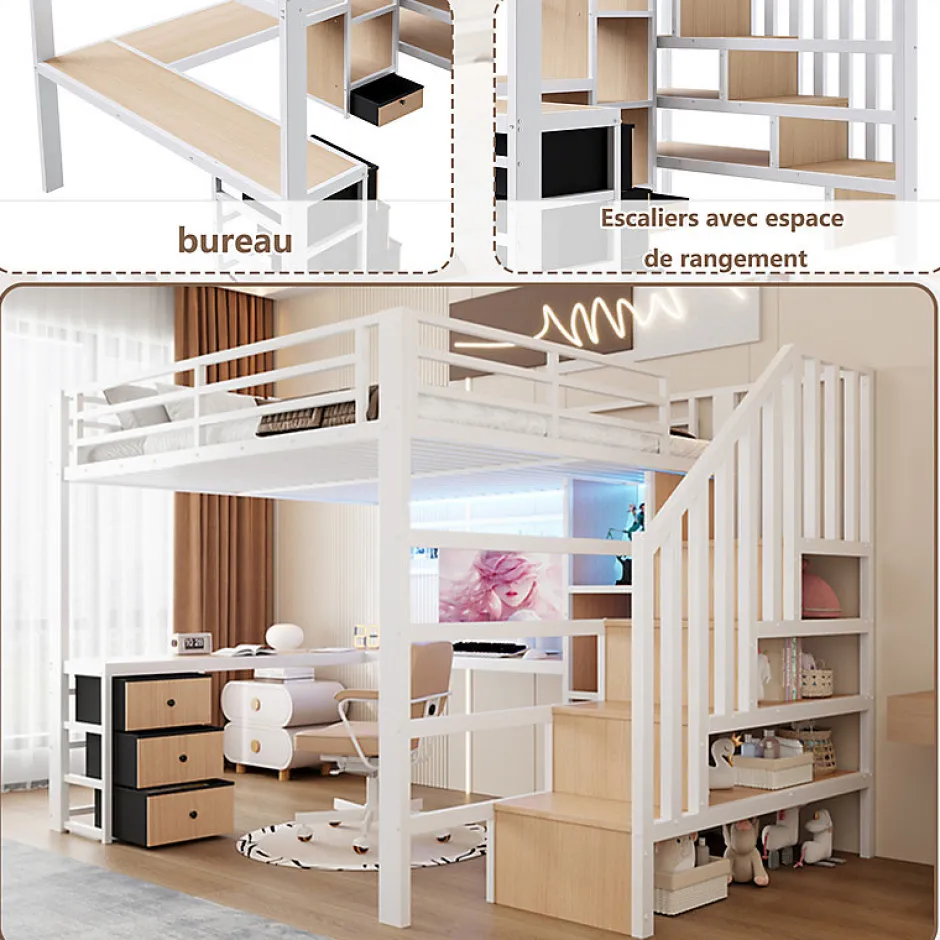 ModernLuxe Lit mezzanine 140x200 cm en fer - Compartiments de rangement - 4 tiroirs - LED - Bureau et escalier - Blanc (sans matelas) Sale