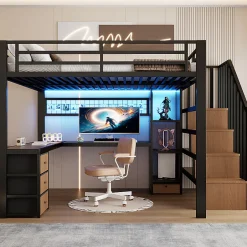ModernLuxe Lit mezzanine 140x200 cm en fer - Compartiments de rangement - 4 tiroirs - LED - Bureau et escalier - Noir (sans matelas)