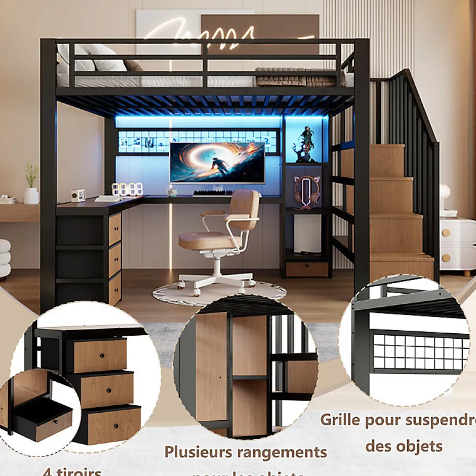ModernLuxe Lit mezzanine 140x200 cm en fer - Compartiments de rangement - 4 tiroirs - LED - Bureau et escalier - Noir (sans matelas)