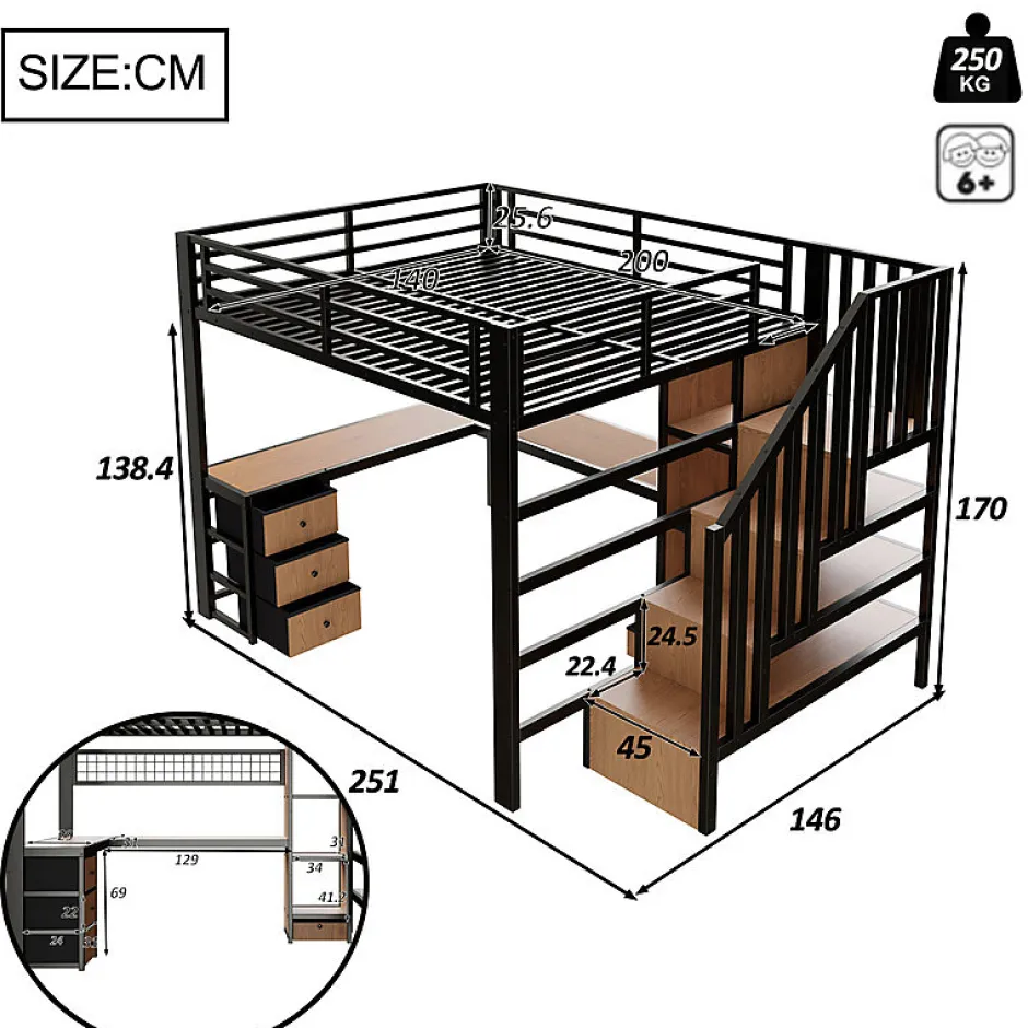 ModernLuxe Lit mezzanine 140x200 cm en fer - Compartiments de rangement - 4 tiroirs - LED - Bureau et escalier - Noir (sans matelas)