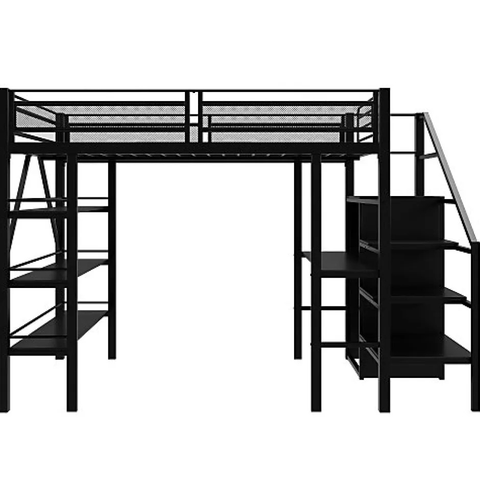 Enfant Aapaas Lit mezzanine 140x200 cm en métal noir avec bureau armoire étagères et escalier de rangement sécurisé