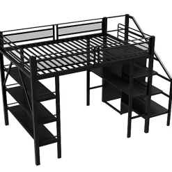 Enfant Aapaas Lit mezzanine 140x200 cm en métal noir avec bureau armoire étagères et escalier de rangement sécurisé