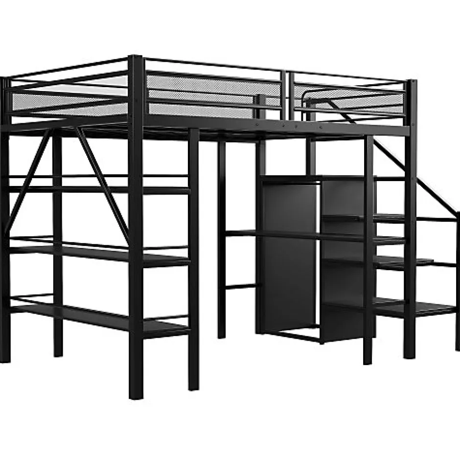 Enfant Aapaas Lit mezzanine 140x200 cm en métal noir avec bureau armoire étagères et escalier de rangement sécurisé