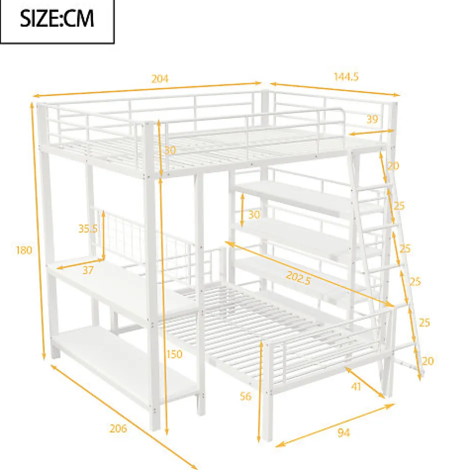 Enfant Aapaas Lit mezzanine 140x200 cm en métal blanc avec étagères de rangement intégrées et structure multifonctionnelle