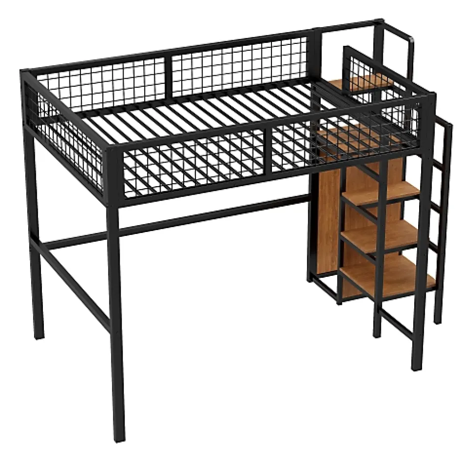 Aapaas Lit mezzanine 140x200 cm en métal noir avec échelle étagères et penderie ouverte pour enfant Online